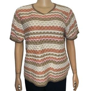 Alfred Dunner Knit Top Crochet Going Native Scalloped Brown Cream Rust Size M
